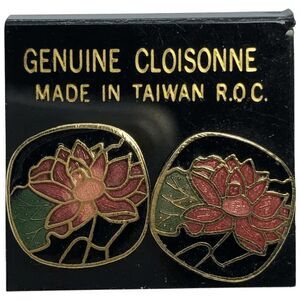 ROC Vintage Small Lotus Blossom Flowers Cloisonne Earrings
